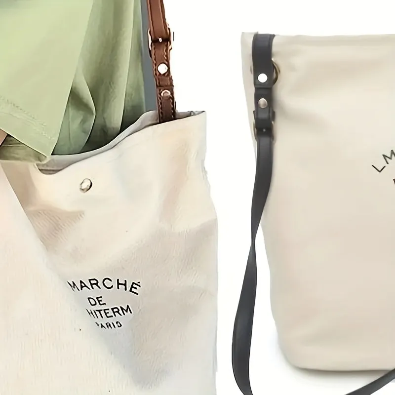 realaiot  2Pcs Stylish Letter Print Canvas Tote Bag Set, Foldable Large Capacity Shoulder Bag With Makeup Bag, Perfect Crossbody Bag For Daily Use