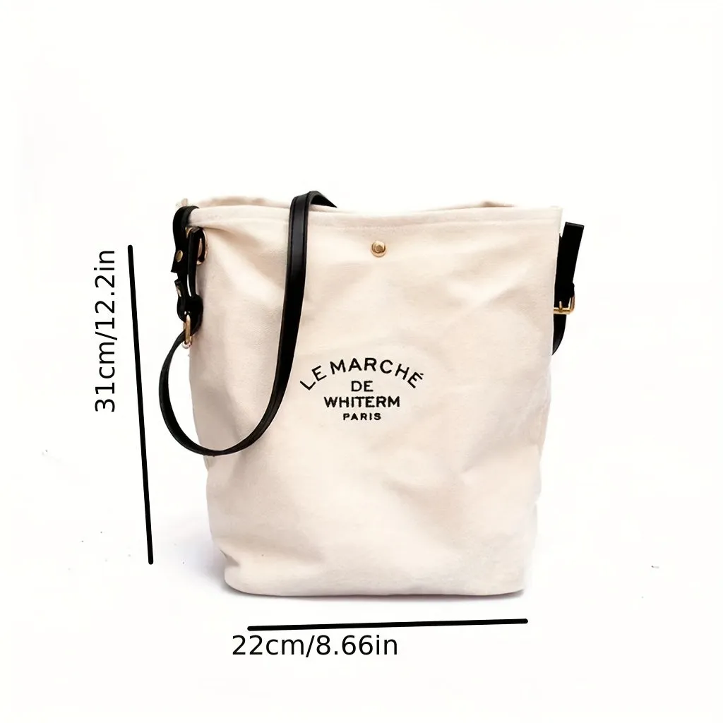 realaiot  2Pcs Stylish Letter Print Canvas Tote Bag Set, Foldable Large Capacity Shoulder Bag With Makeup Bag, Perfect Crossbody Bag For Daily Use