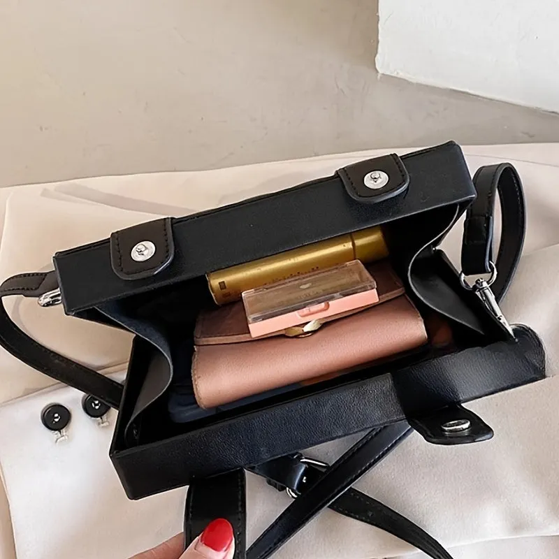 realaiot  Black Square Box Shoulder Bag, Niche Minimalist Textured Crossbody Wallet For Women, All-Match Pu Leather Bag