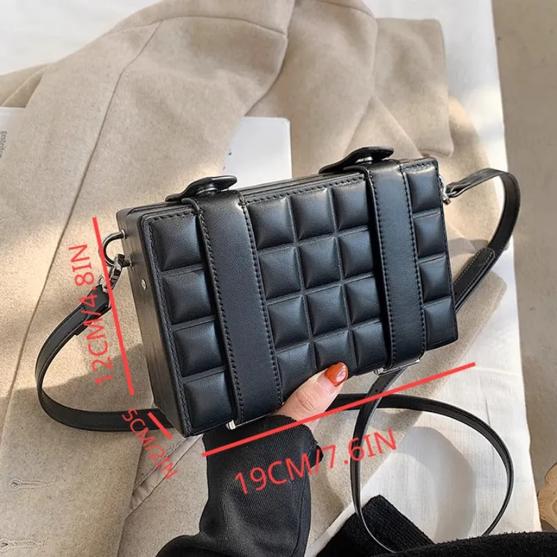 realaiot  Black Square Box Shoulder Bag, Niche Minimalist Textured Crossbody Wallet For Women, All-Match Pu Leather Bag