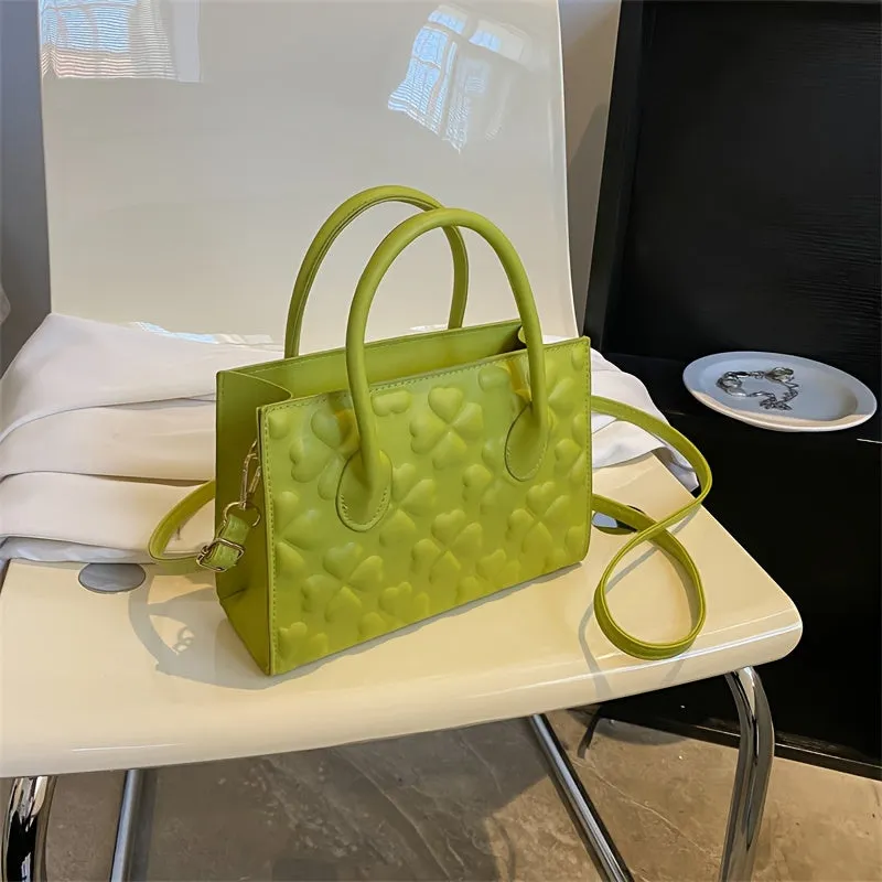 realaiot Casual Clover Embossed Pattern Shoulder Bag, Solid Color Textured Small Crossbody Bag, All-Match Top Handle Satchel Bag
