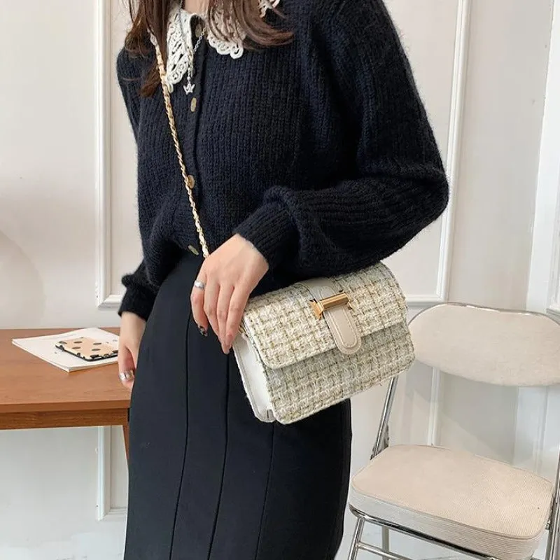 realaiot Classic Fancy Tweed Square Bag, Stylish Women's Crossbody Chain Bag, Textured Purse For Daily Use