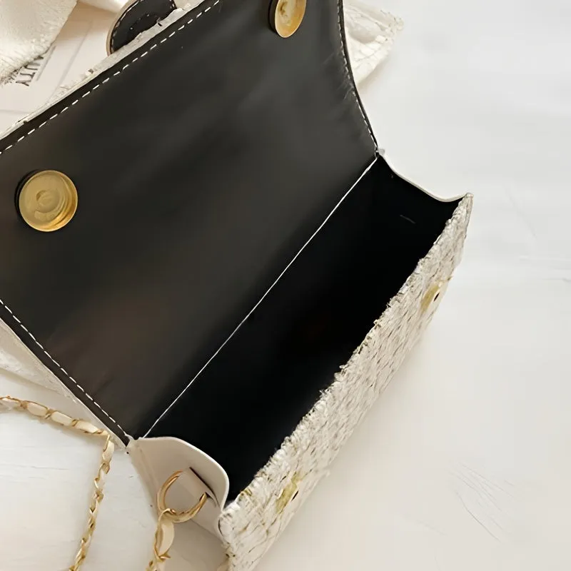 realaiot Classic Fancy Tweed Square Bag, Stylish Women's Crossbody Chain Bag, Textured Purse For Daily Use