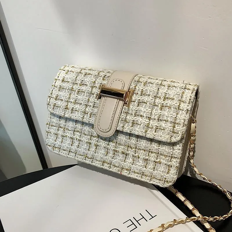 realaiot Classic Fancy Tweed Square Bag, Stylish Women's Crossbody Chain Bag, Textured Purse For Daily Use