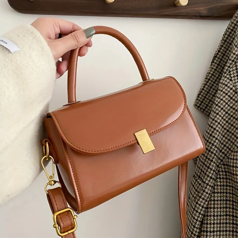 realaiot  Classic Solid Color Square Shoulder Bag, Top Handle Textured Crossbody Wallet For Women