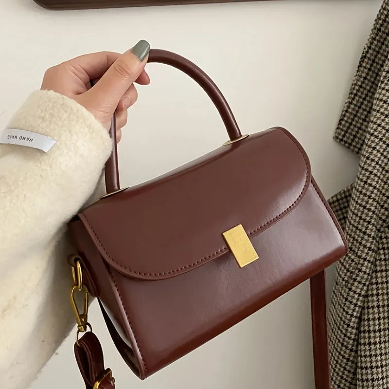 realaiot  Classic Solid Color Square Shoulder Bag, Top Handle Textured Crossbody Wallet For Women