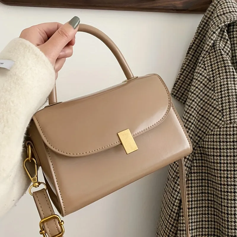 realaiot  Classic Solid Color Square Shoulder Bag, Top Handle Textured Crossbody Wallet For Women