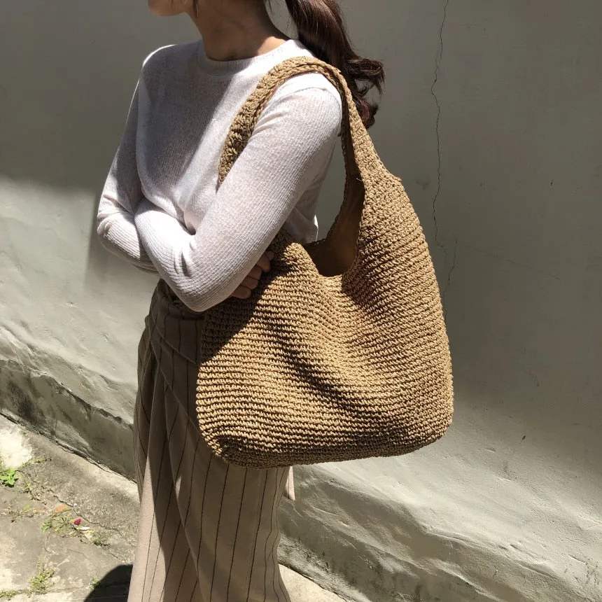 Realaiot Fashion Straw Women Shoulder Bags Paper Woven Female Handbags Large Capacity Summer Beach Straw Bags Casual Tote Purses