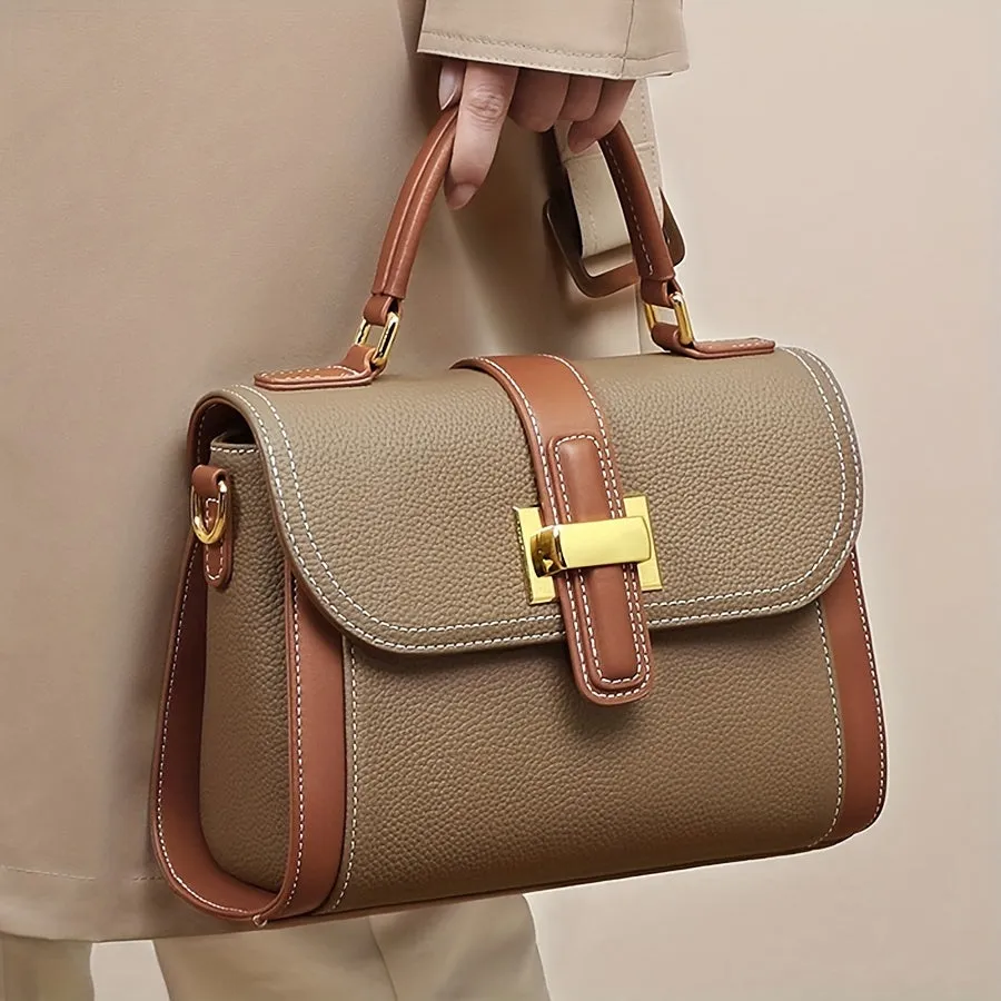 realaiot  Fashion Textured Handbag For Women, Color Contrast Crossbody Bag, Luxury Top Handle Flap Purses