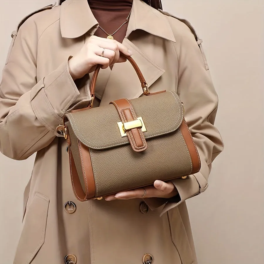 realaiot  Fashion Textured Handbag For Women, Color Contrast Crossbody Bag, Luxury Top Handle Flap Purses