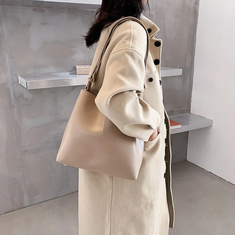 Realaiot Fashion Wide Strap Buckets Bag for Women Designer Handbags Luxury Soft Pu Leather Crossbody Messenger Bag Simply Large Tote