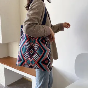 realaiot  Geometric Graphic Handbag, Knitting Design Tote Bag Trendy Versatile Foldable Shopper Bag