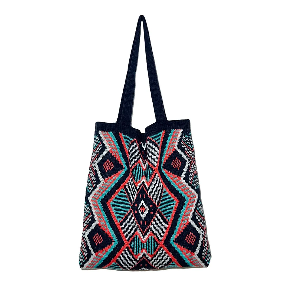 realaiot  Geometric Graphic Handbag, Knitting Design Tote Bag Trendy Versatile Foldable Shopper Bag