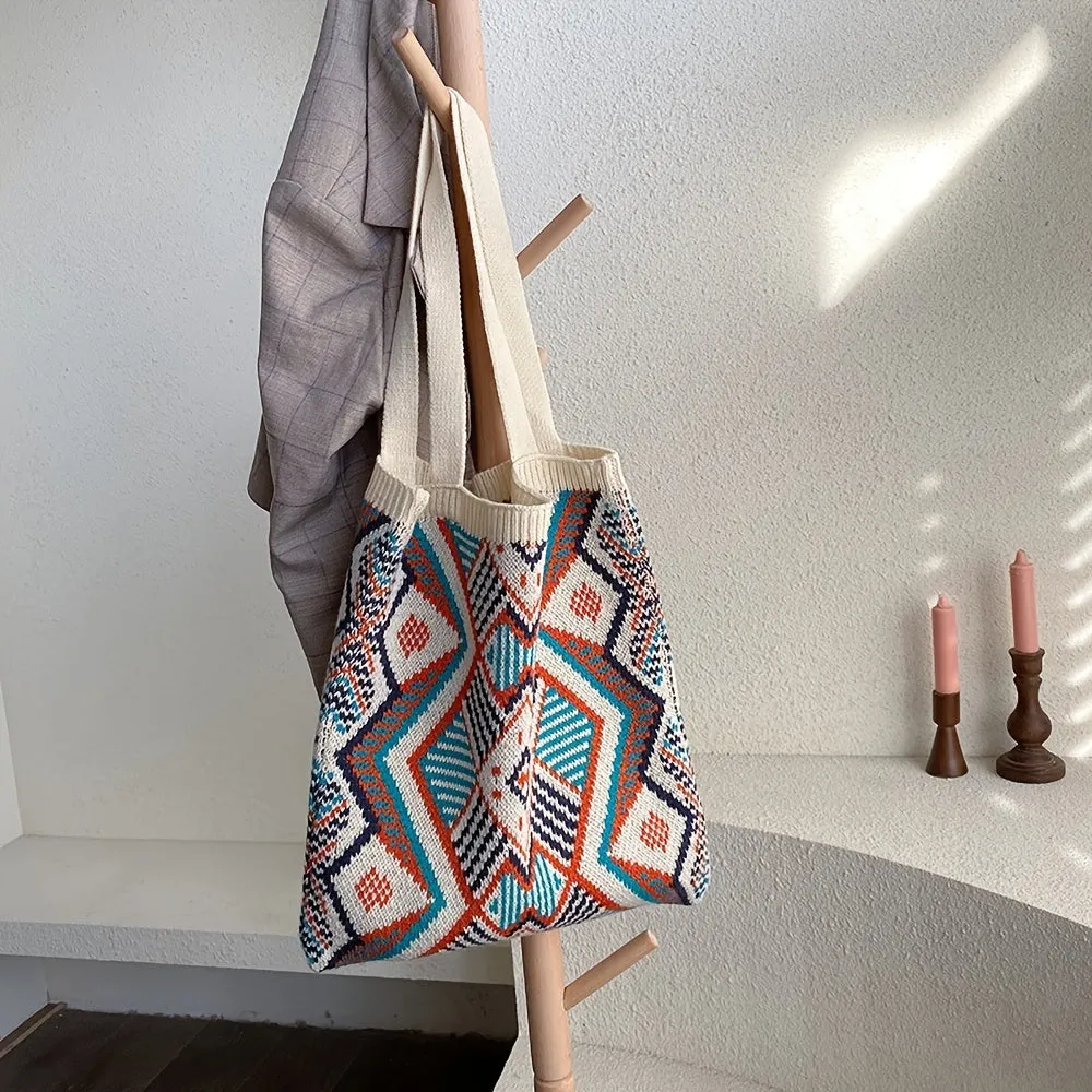realaiot  Geometric Graphic Handbag, Knitting Design Tote Bag Trendy Versatile Foldable Shopper Bag
