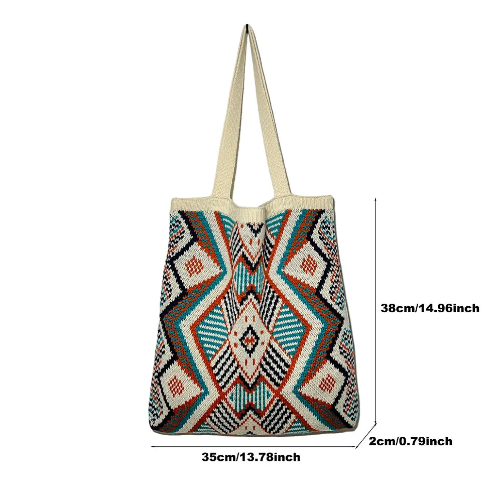 realaiot  Geometric Graphic Handbag, Knitting Design Tote Bag Trendy Versatile Foldable Shopper Bag