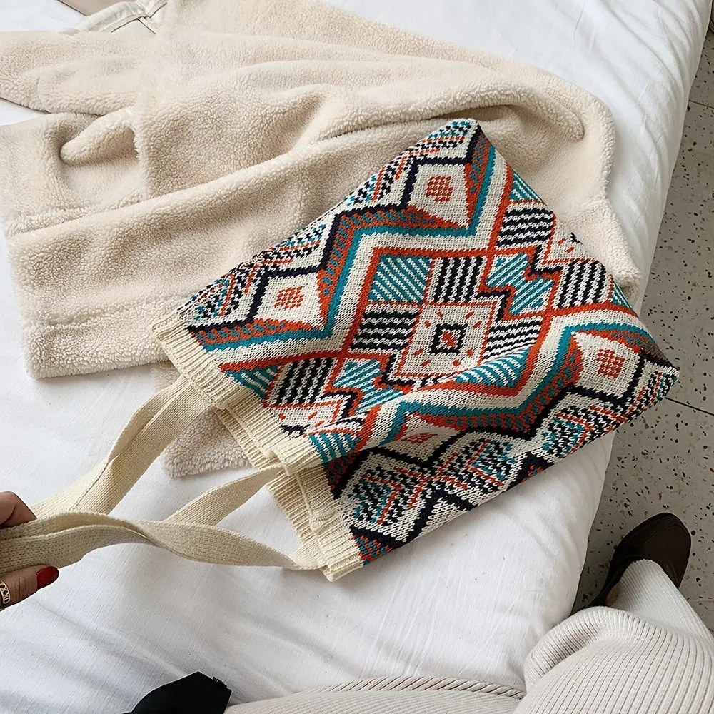 realaiot  Geometric Graphic Handbag, Knitting Design Tote Bag Trendy Versatile Foldable Shopper Bag
