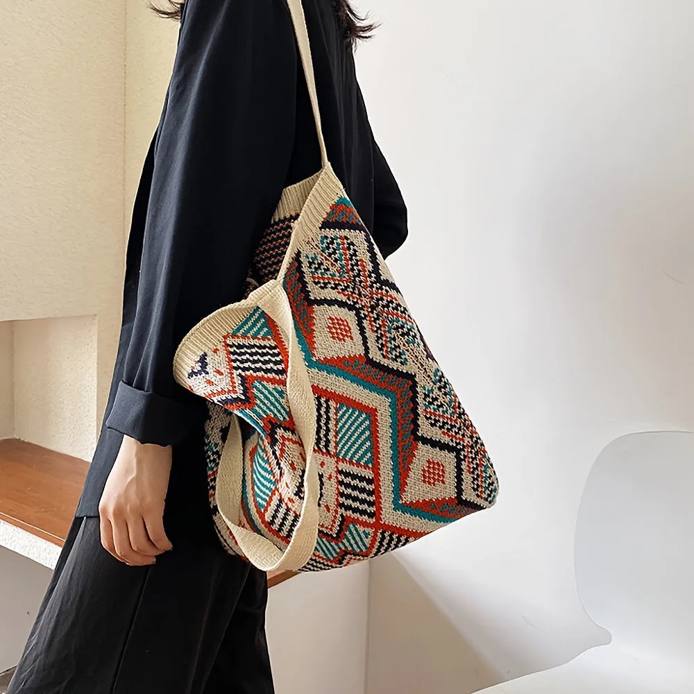 realaiot  Geometric Graphic Handbag, Knitting Design Tote Bag Trendy Versatile Foldable Shopper Bag