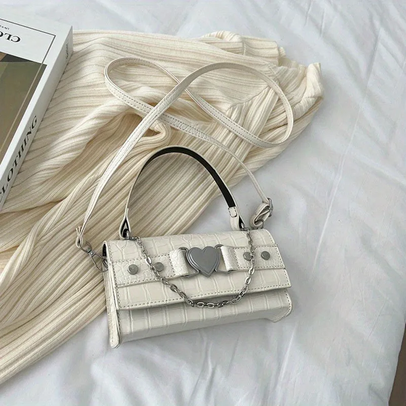 realaiot  Heart Decor Satchel Chain Crossbody Bag, PU Leather Textured Bag Purse, Classic Versatile Fashion Shoulder Bag