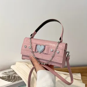 realaiot  Heart Decor Satchel Chain Crossbody Bag, PU Leather Textured Bag Purse, Classic Versatile Fashion Shoulder Bag