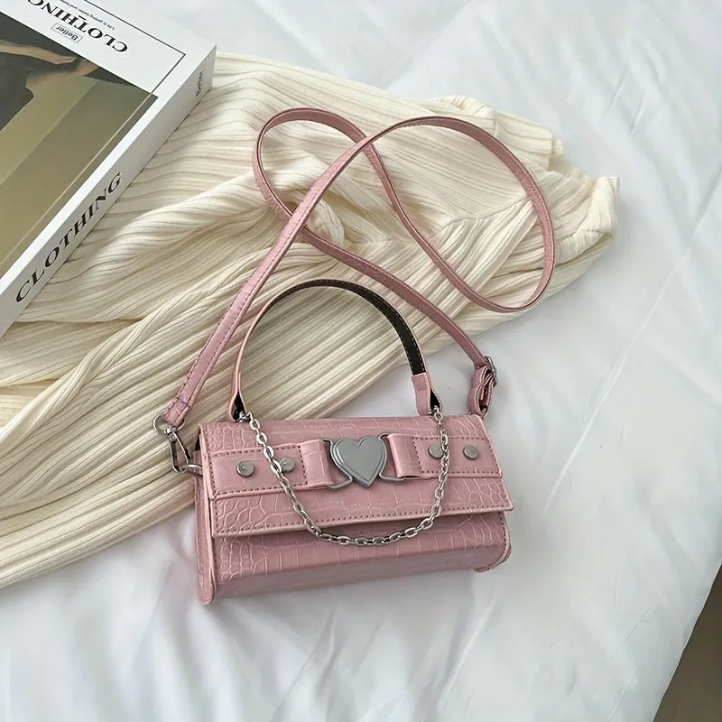 realaiot  Heart Decor Satchel Chain Crossbody Bag, PU Leather Textured Bag Purse, Classic Versatile Fashion Shoulder Bag