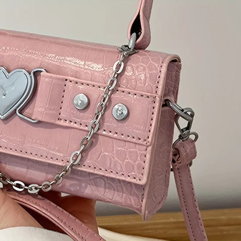 realaiot  Heart Decor Satchel Chain Crossbody Bag, PU Leather Textured Bag Purse, Classic Versatile Fashion Shoulder Bag