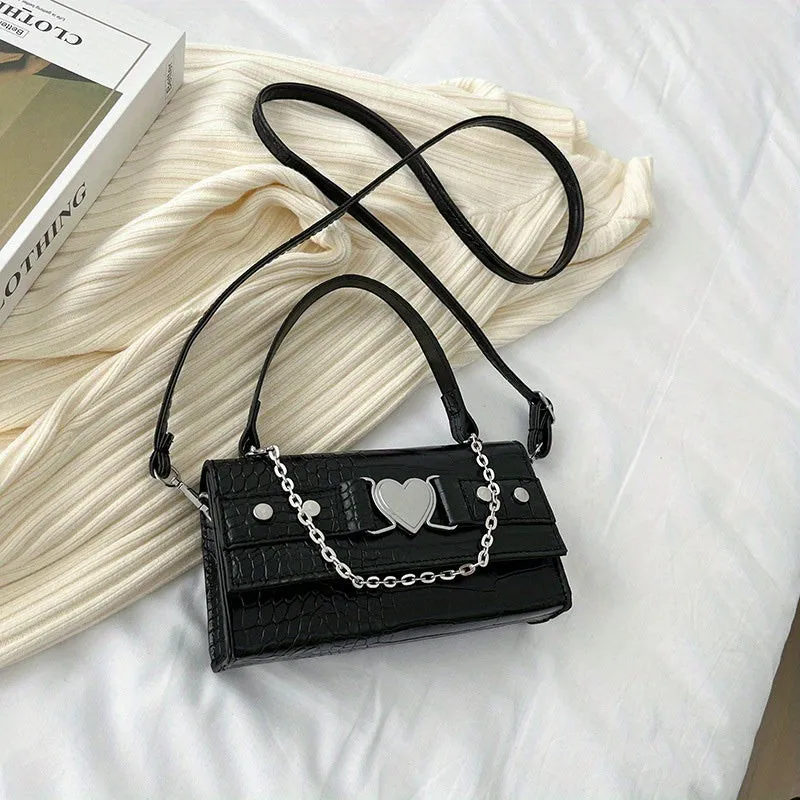 realaiot  Heart Decor Satchel Chain Crossbody Bag, PU Leather Textured Bag Purse, Classic Versatile Fashion Shoulder Bag