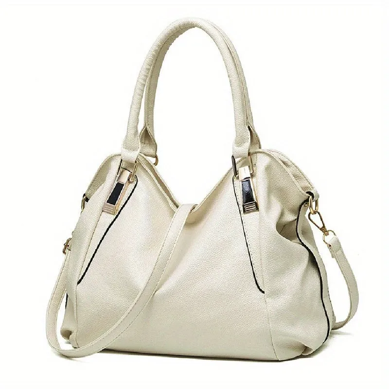 realaiot  Large Capacity Textured Handbag, PU Leather Solid Color Shoulder Bag, Women's Commuter Hobo Bag