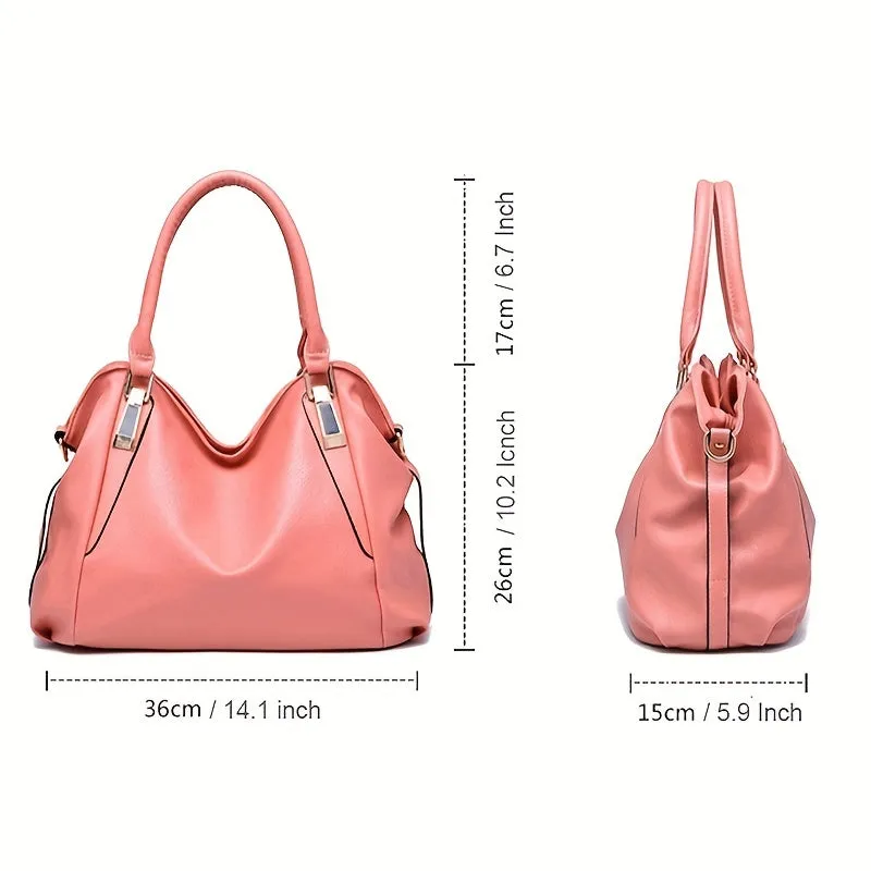 realaiot  Large Capacity Textured Handbag, PU Leather Solid Color Shoulder Bag, Women's Commuter Hobo Bag