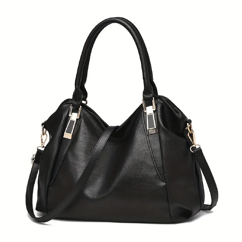 realaiot  Large Capacity Textured Handbag, PU Leather Solid Color Shoulder Bag, Women's Commuter Hobo Bag