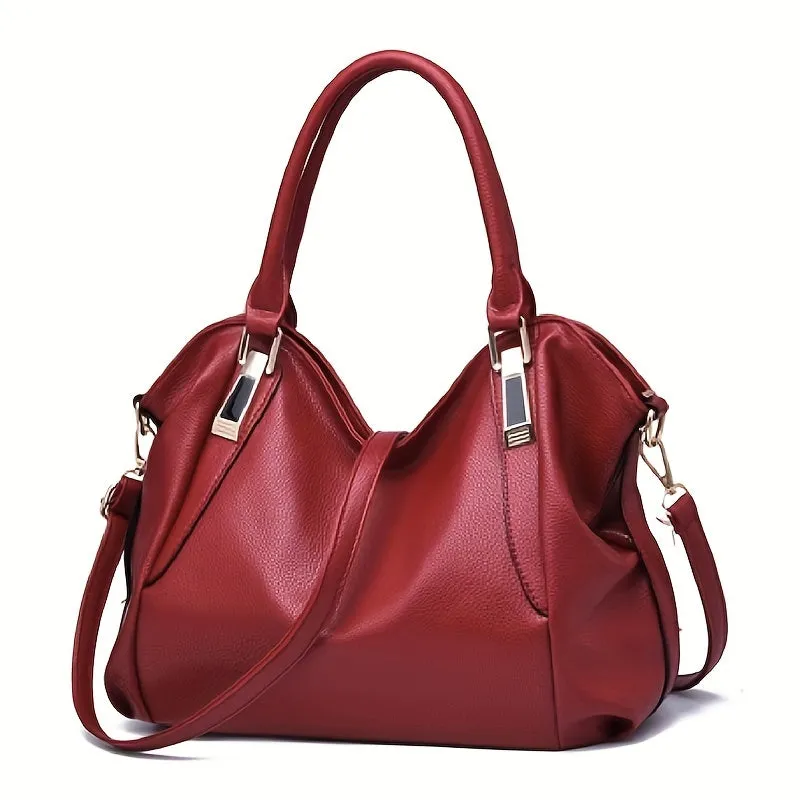 realaiot  Large Capacity Textured Handbag, PU Leather Solid Color Shoulder Bag, Women's Commuter Hobo Bag