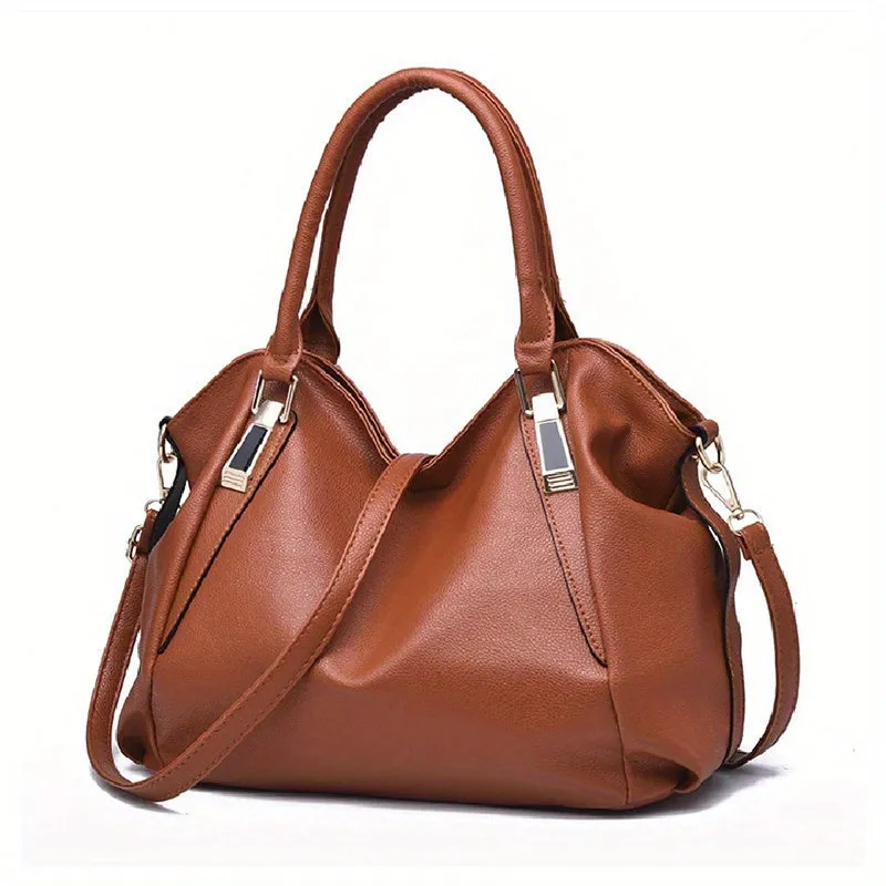 realaiot  Large Capacity Textured Handbag, PU Leather Solid Color Shoulder Bag, Women's Commuter Hobo Bag