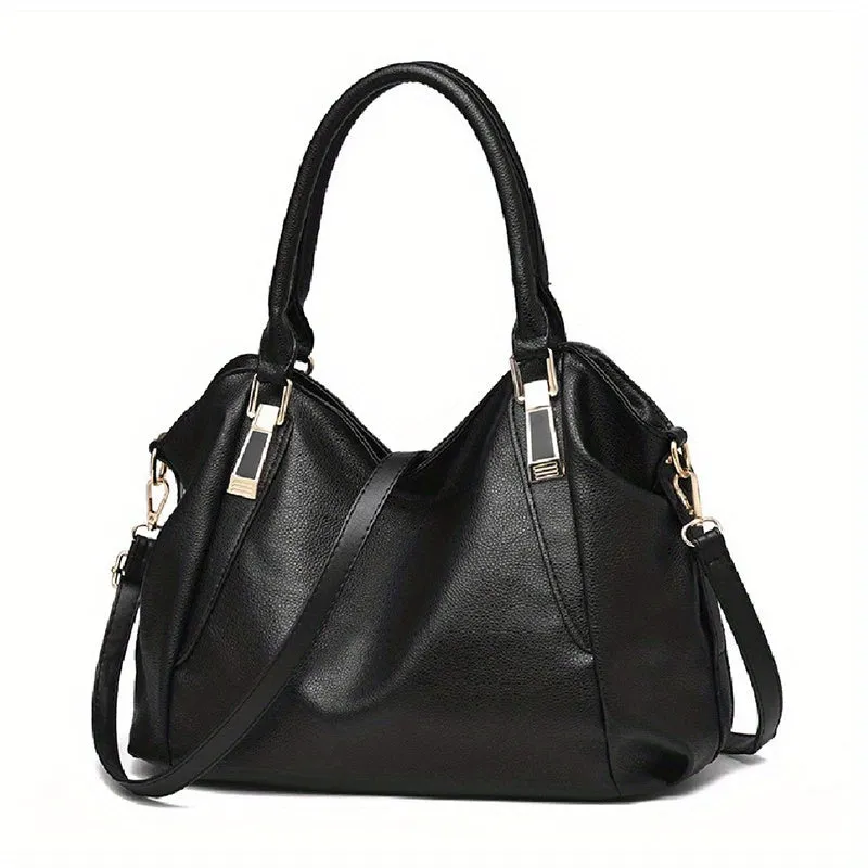 realaiot  Large Capacity Textured Handbag, PU Leather Solid Color Shoulder Bag, Women's Commuter Hobo Bag