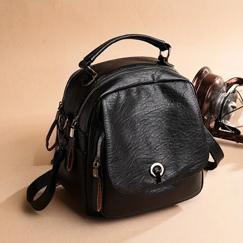 realaiot  Mini Multi-functional Backpack, Portable Travel School Bag, Women's PU Leather Crossbody Bag With Convertible Strap