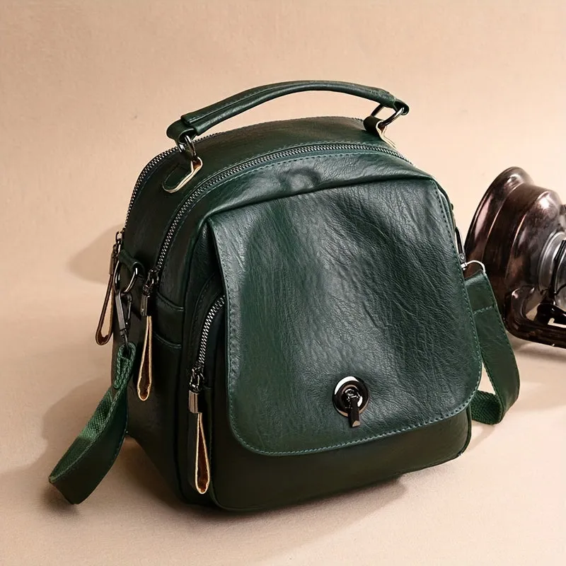 realaiot  Mini Multi-functional Backpack, Portable Travel School Bag, Women's PU Leather Crossbody Bag With Convertible Strap
