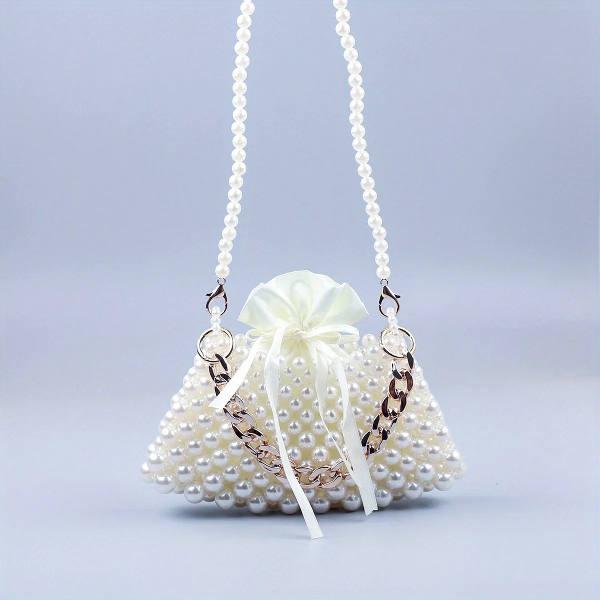 realaiot  Mini Pearl Metal Chain Braided Crossbody Bag, Plastic Textured Lipstick Bag Purse, Elegent Versatile Fashion Handbag