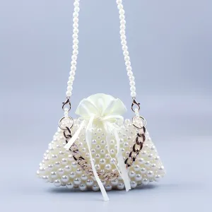 realaiot  Mini Pearl Metal Chain Braided Crossbody Bag, Plastic Textured Lipstick Bag Purse, Elegent Versatile Fashion Handbag