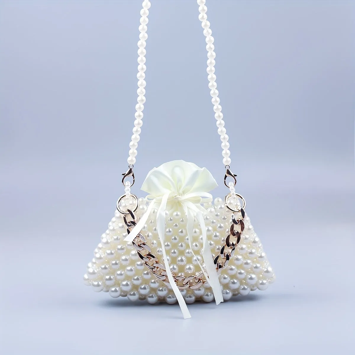realaiot  Mini Pearl Metal Chain Braided Crossbody Bag, Plastic Textured Lipstick Bag Purse, Elegent Versatile Fashion Handbag