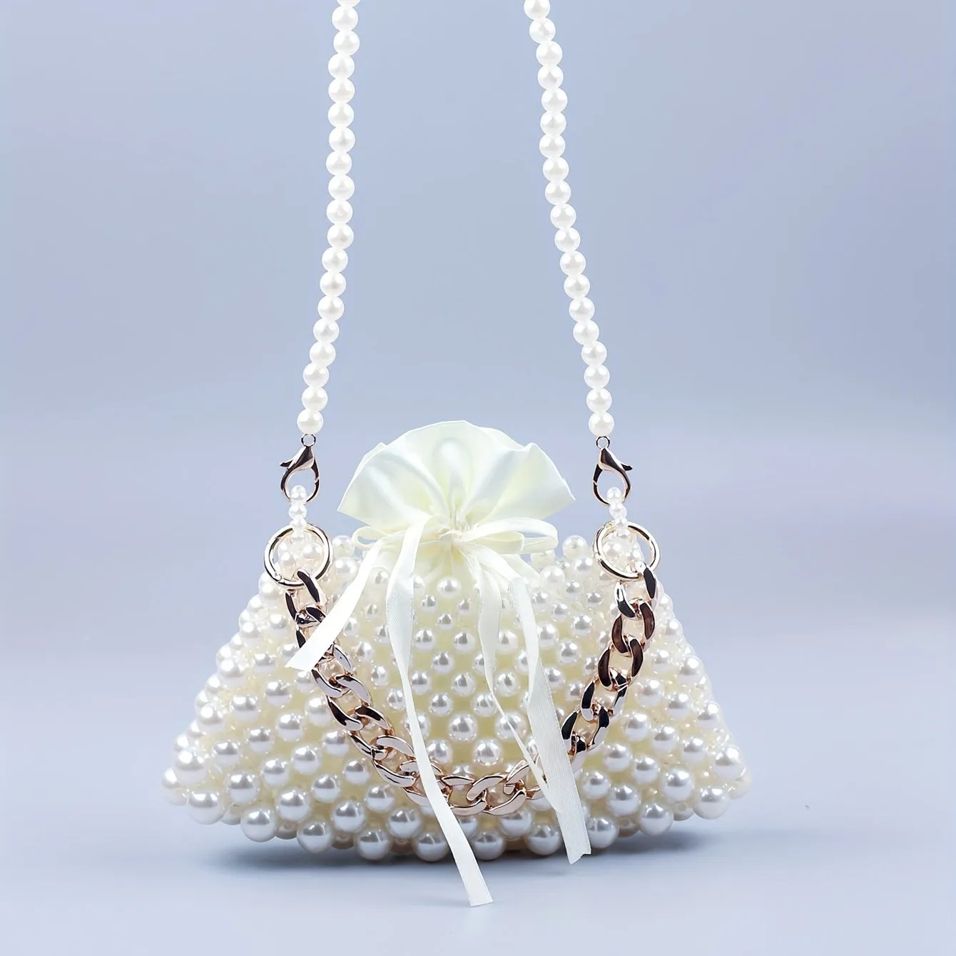 realaiot  Mini Pearl Metal Chain Braided Crossbody Bag, Plastic Textured Lipstick Bag Purse, Elegent Versatile Fashion Handbag