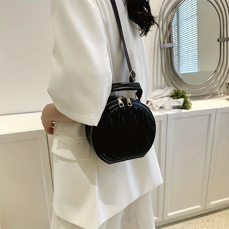 realaiot  Mini Quilted Round Crossbody Bag, PU Leather Textured Handbag Purse, Classic Versatile Fashion Shoulder Bag