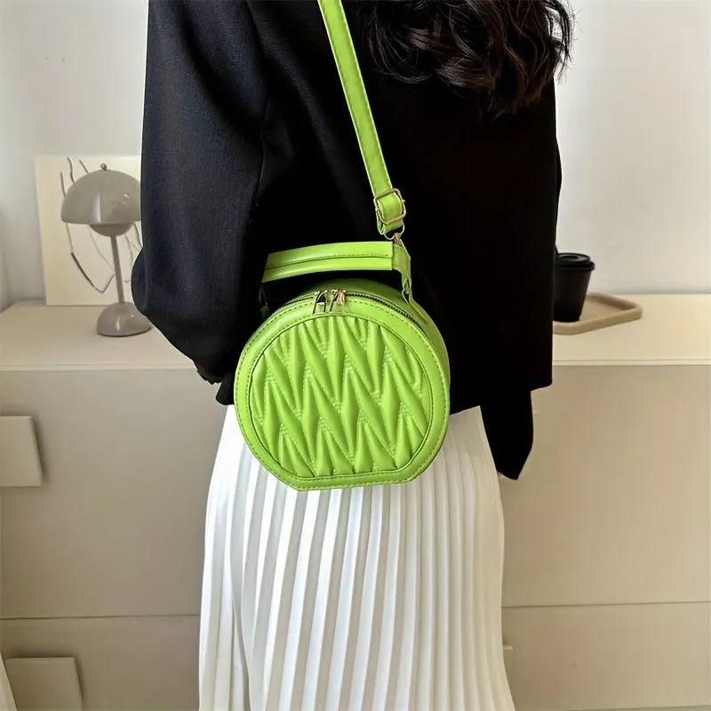 realaiot  Mini Quilted Round Crossbody Bag, PU Leather Textured Handbag Purse, Classic Versatile Fashion Shoulder Bag