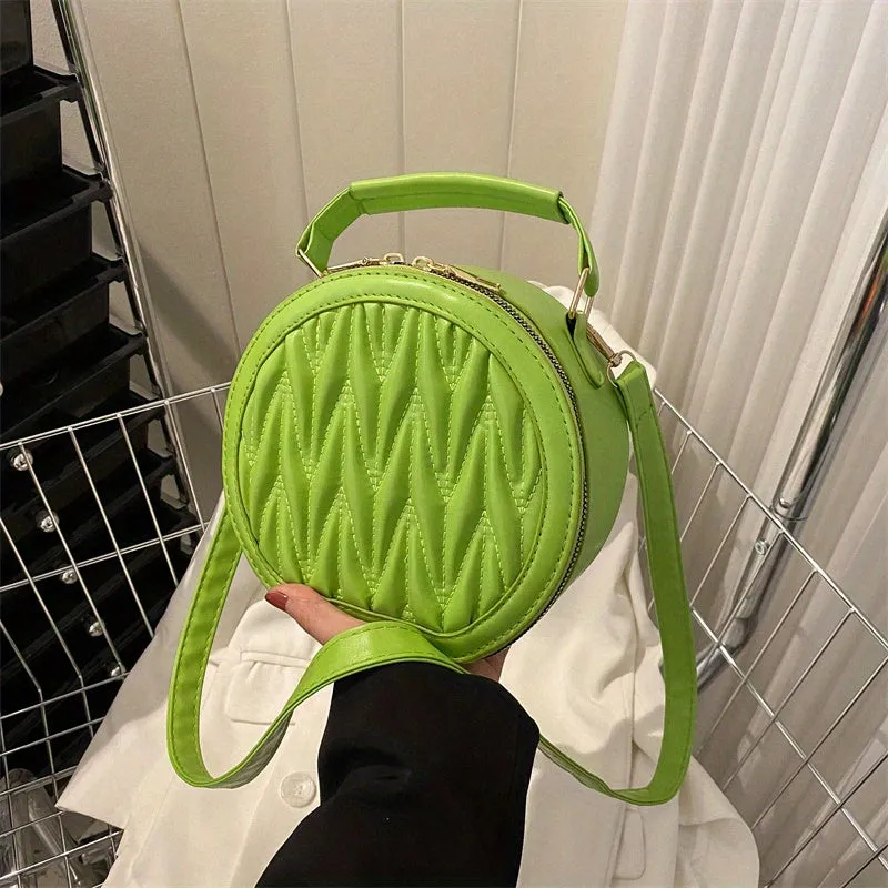 realaiot  Mini Quilted Round Crossbody Bag, PU Leather Textured Handbag Purse, Classic Versatile Fashion Shoulder Bag