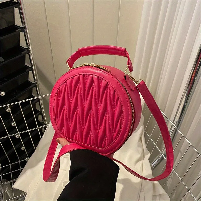realaiot  Mini Quilted Round Crossbody Bag, PU Leather Textured Handbag Purse, Classic Versatile Fashion Shoulder Bag