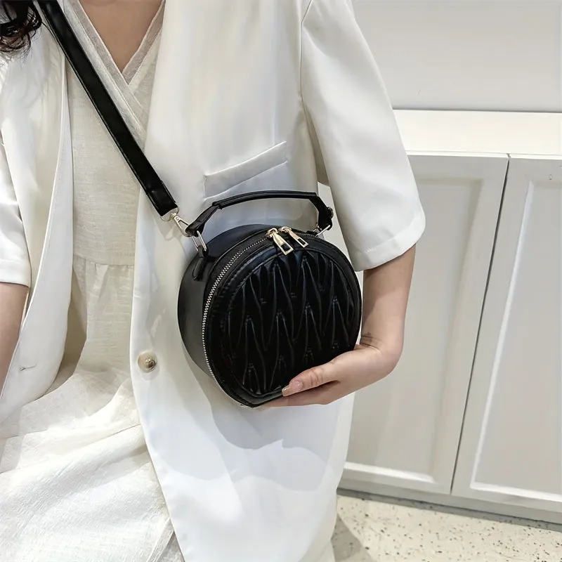 realaiot  Mini Quilted Round Crossbody Bag, PU Leather Textured Handbag Purse, Classic Versatile Fashion Shoulder Bag