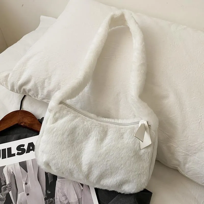 Realaiot Simple Design Women Soft Plush Hobos Shoulder Bags Winter Furry Ladies Clutch Purse Handbag Fashion Female  Underarm Bag