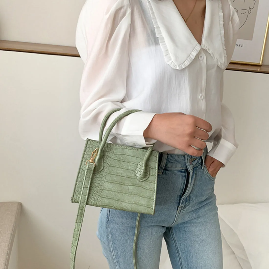 Realaiot Small Crocodile Pattern Solid Color PU Leather Crossbody Bags For Women Summer Lady Shoulder Handbags Female Simple Totes
