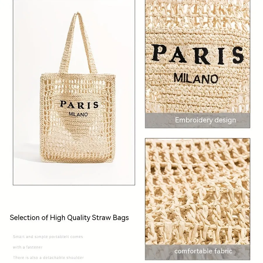 realaiot  Straw Mesh Tote Bag For Women, Woven Beach Shoulder Bag, Large Capacity Foldable Hobo Bag For Holiday, Picnic, And Party