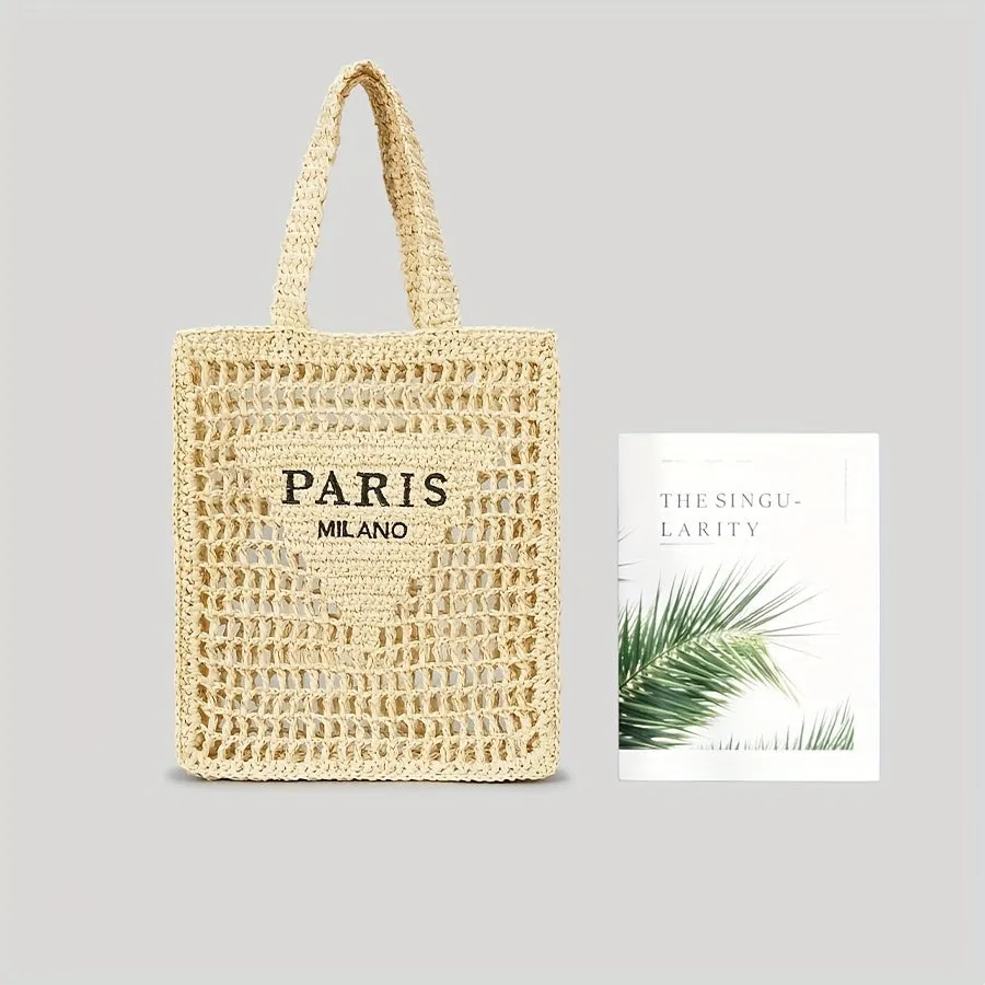 realaiot  Straw Mesh Tote Bag For Women, Woven Beach Shoulder Bag, Large Capacity Foldable Hobo Bag For Holiday, Picnic, And Party