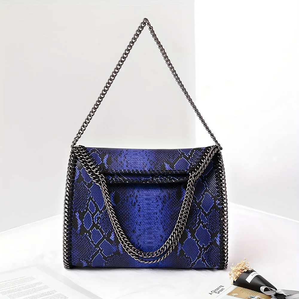 realaiot  Trendy Snake Pattern Tote Bag, Foldable PU Leather Shoulder Bag, Perfect Underarm Bag For Daily Use