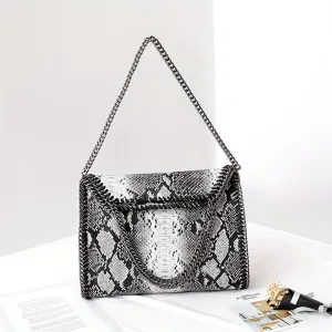 realaiot  Trendy Snake Pattern Tote Bag, Foldable PU Leather Shoulder Bag, Perfect Underarm Bag For Daily Use