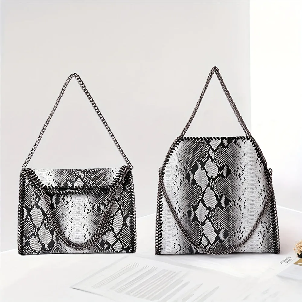 realaiot  Trendy Snake Pattern Tote Bag, Foldable PU Leather Shoulder Bag, Perfect Underarm Bag For Daily Use